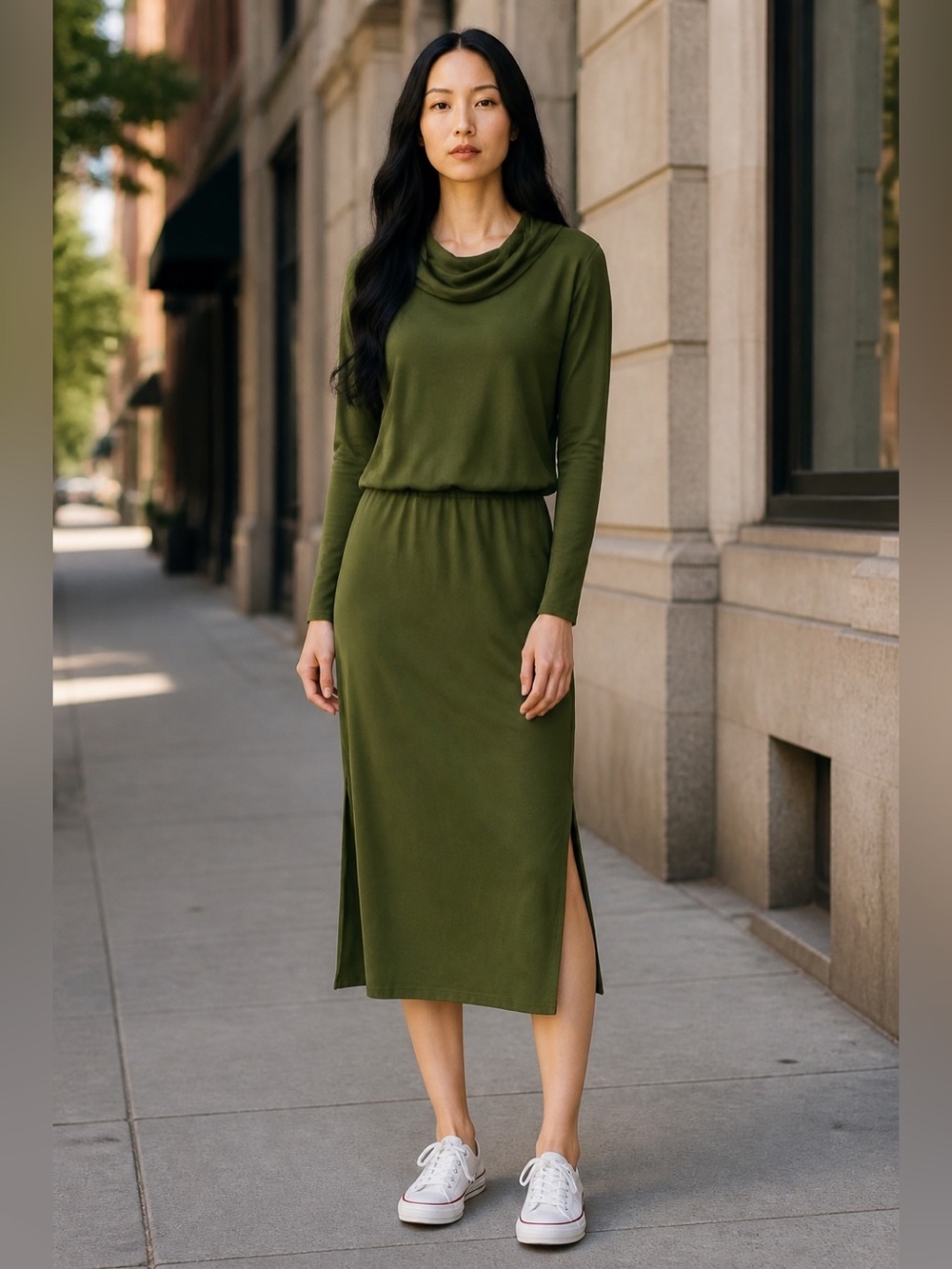 🆕 DKNY Pure long sleeve cowl neck midi dress  NWT green
